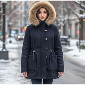 VTG Y2K American Eagle Parka Womens Medium Navy Blue Chore Wool Blend Chore Barn